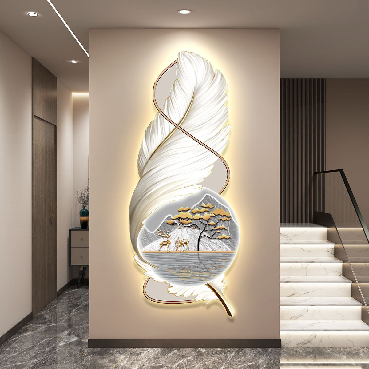 Modern Corridor LED Feather Decorative Wall Painting